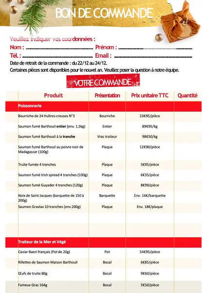 Bon de commande pour les fêtes